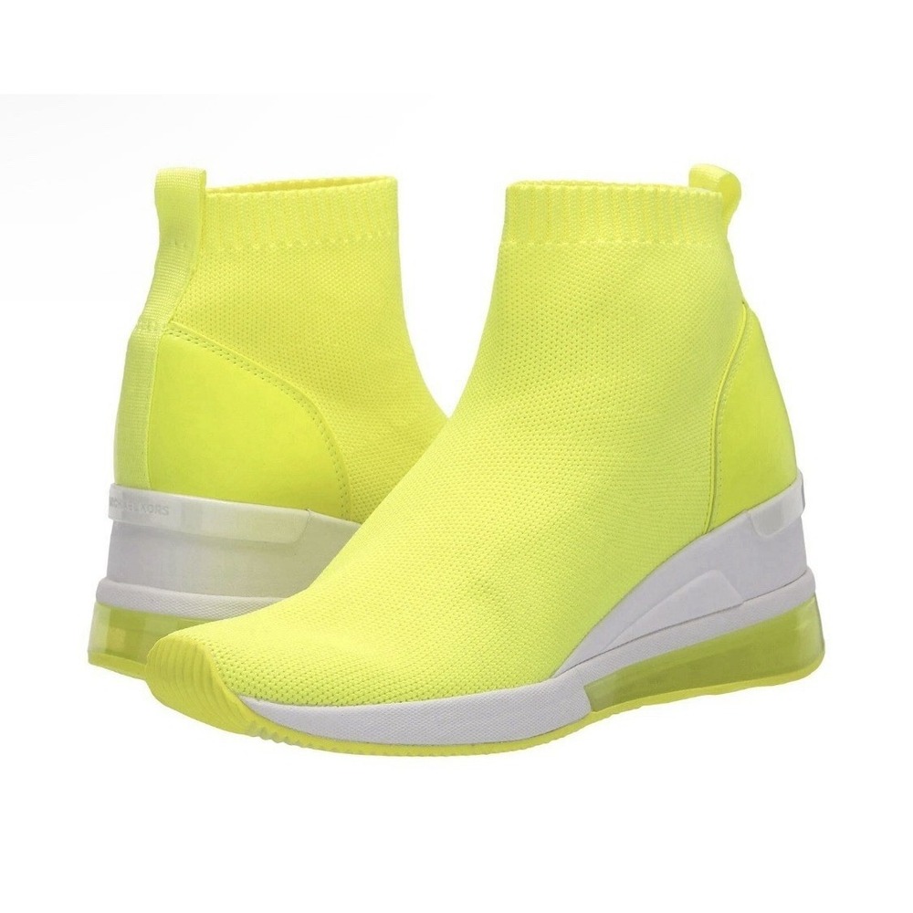 Michael Kors Skyler Booties Extreme Wedge Sneakers Neon Yellow Stretchy Size 5